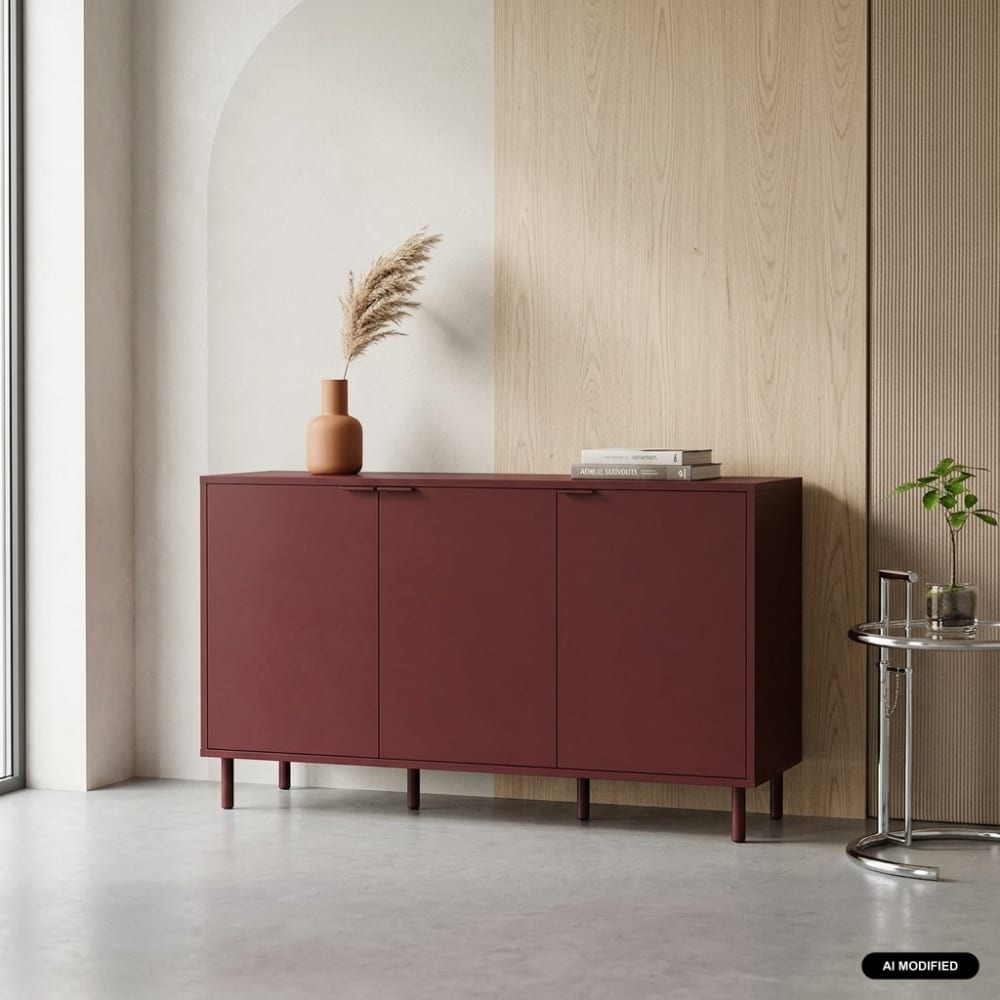 Buffet décor bois et métal 3 portes 120cm bordeaux
