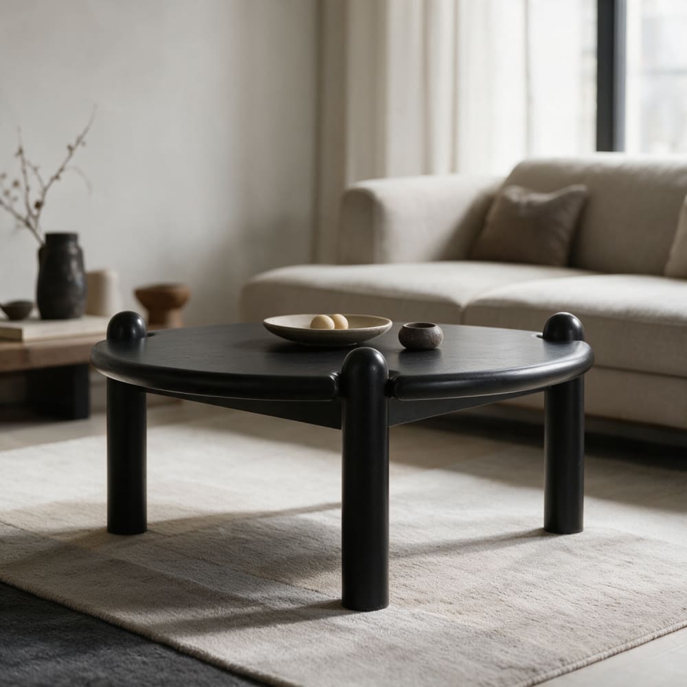 Table basse ronde 72cm en bois de manguier massif noire Table basse ronde 72cm en bois de manguier massif noire