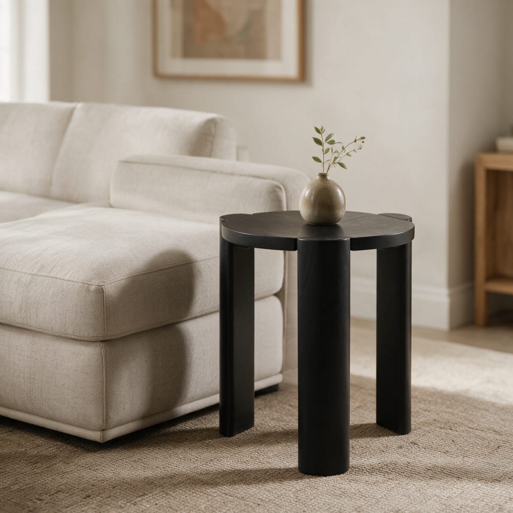 Table d'appoint ronde 38cm en bois de manguier massif noire Table d'appoint ronde 38cm en bois de manguier massif noire
