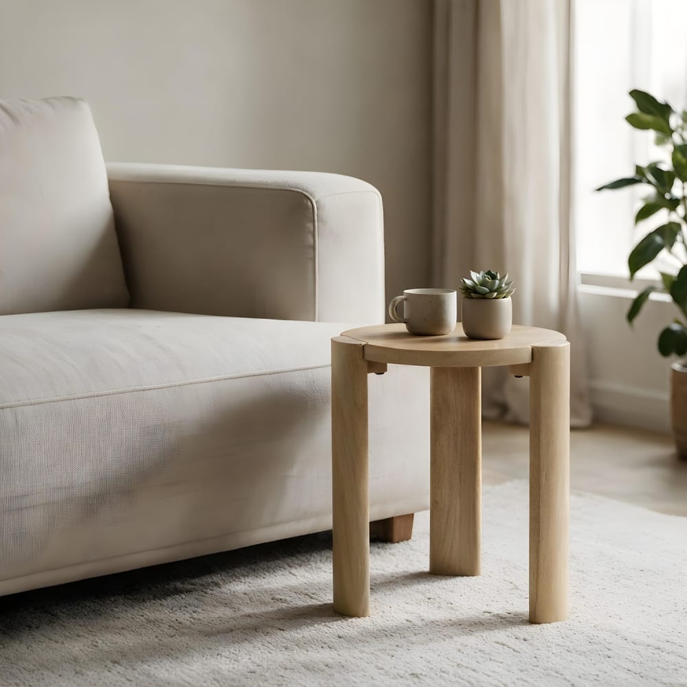 Table d'appoint ronde 38cm en bois de manguier massif teinte claire Table d'appoint ronde 38cm en bois de manguier massif teinte claire