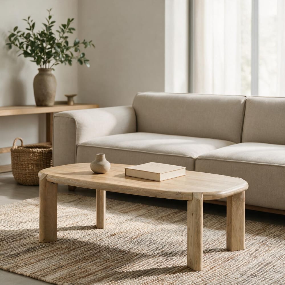 Table basse en bois de manguier massif teinte claire 120cm Table basse en bois de manguier massif teinte claire 120cm