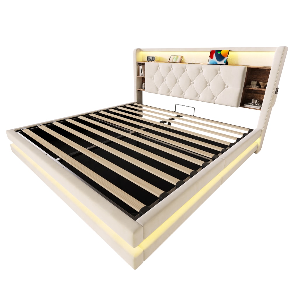 Lit capitonné en velours de coton beige 160x200 cm