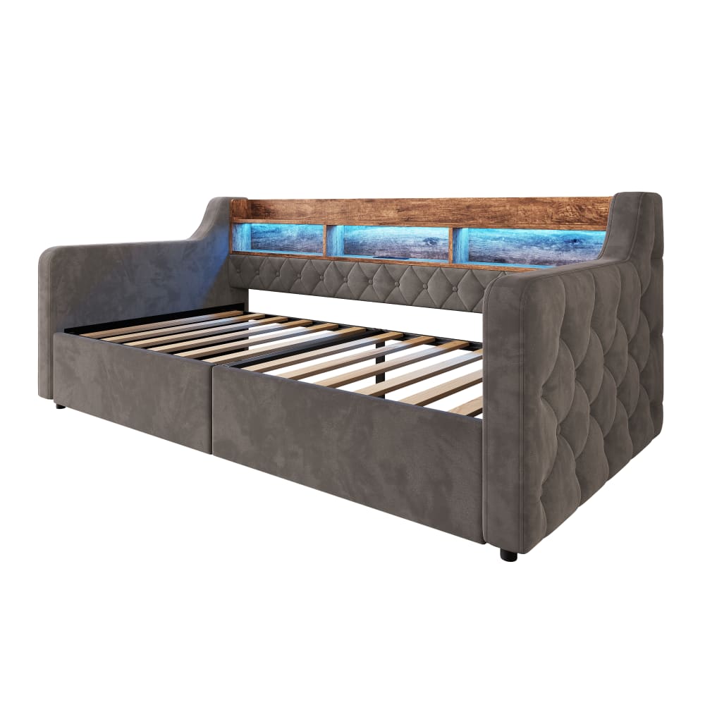 Lit capitonné avec rangement en velours de coton gris foncé 90x190 cm Lit capitonné avec rangement en velours de coton gris foncé 90x190 cm