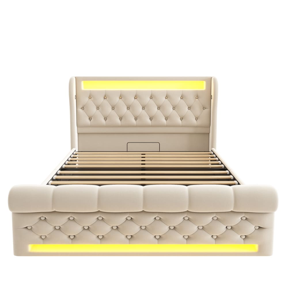 Lit capitonné en velours de coton beige 140x200 cm