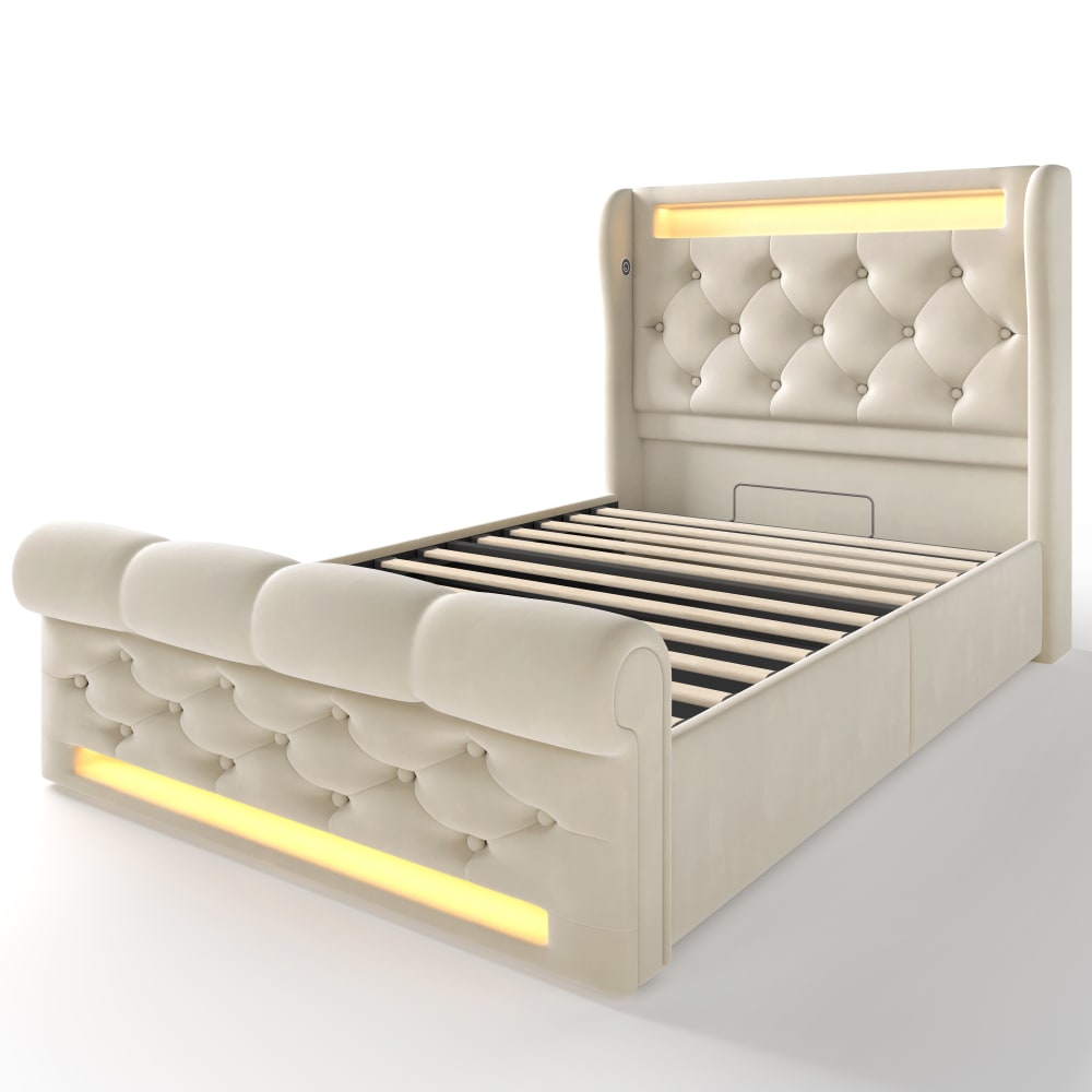 Lit capitonné en velours de coton beige 90x200 cm