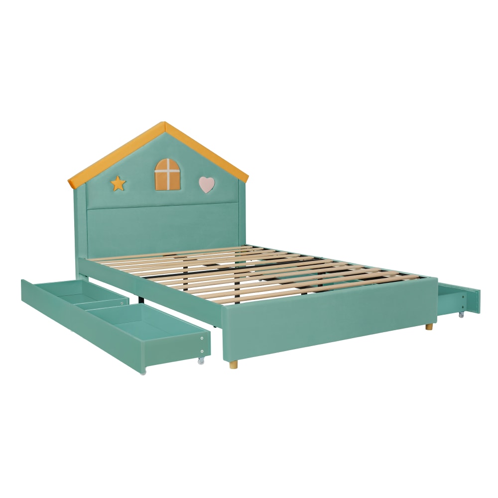 Lit enfant en velours de coton bleu vert 140x200 cm Lit enfant en velours de coton bleu vert 140x200 cm