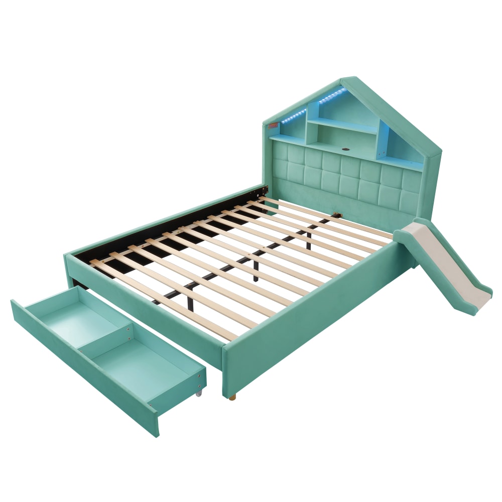 Lit enfant en velours de coton bleu vert 140x200 cm Lit enfant en velours de coton bleu vert 140x200 cm