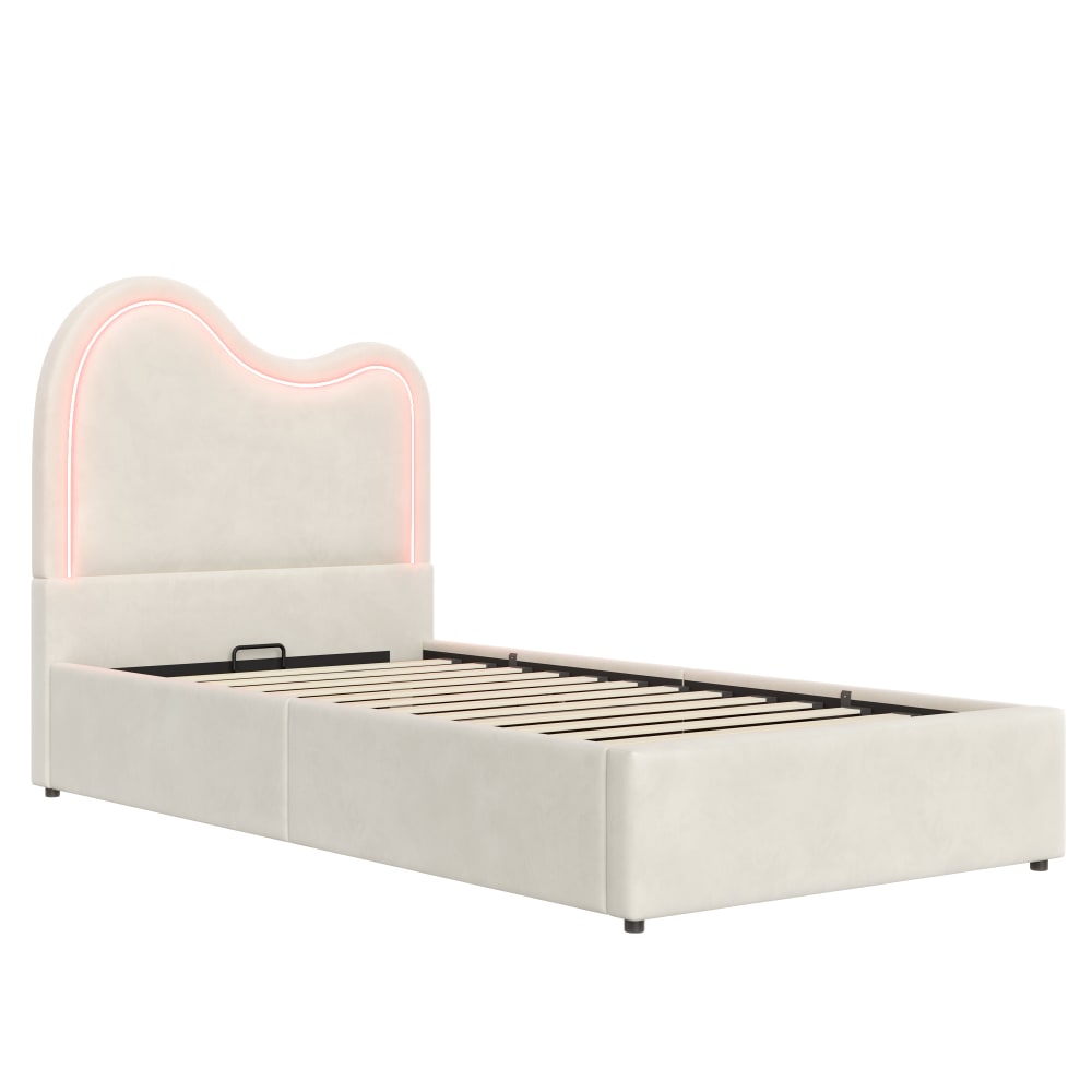 Lit enfant rembourré en velours de coton beige 90x200 cm Lit enfant rembourré en velours de coton beige 90x200 cm