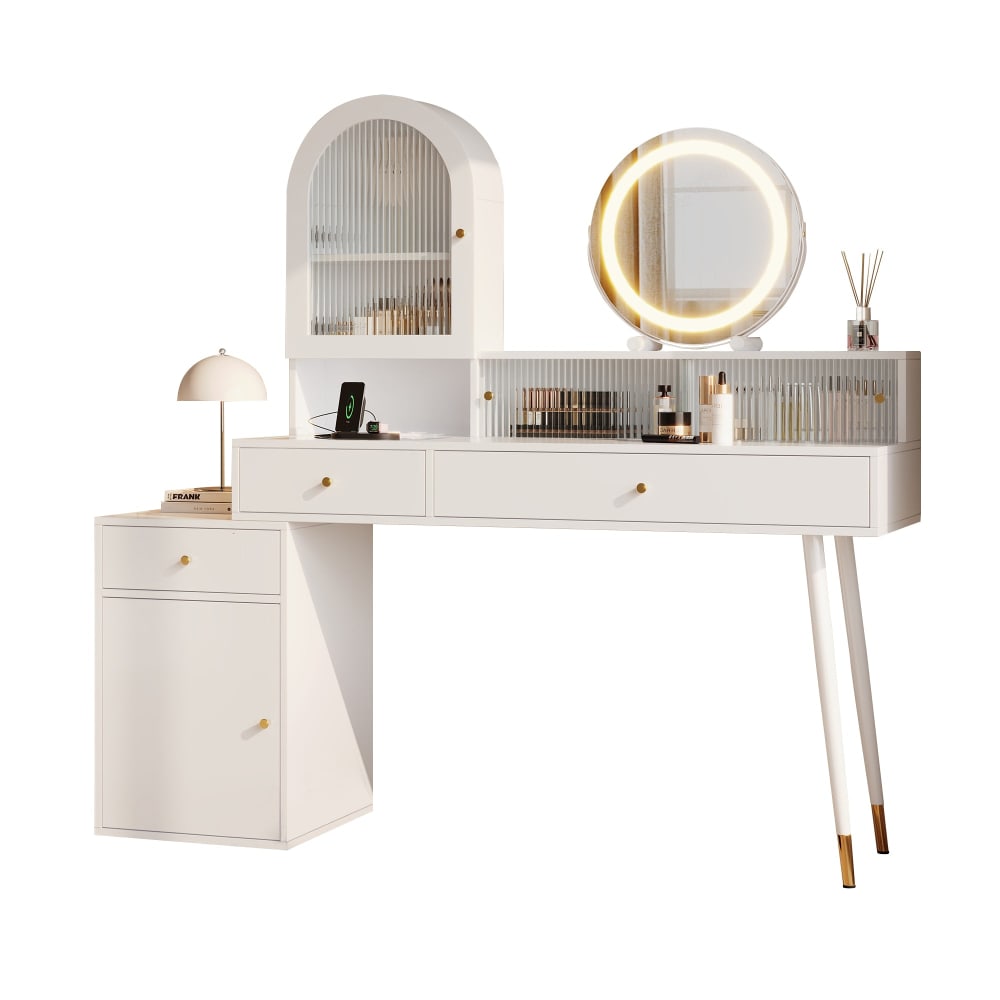 Coiffeuse blanche extensible avec miroir led , prises usb et type c Coiffeuse blanche extensible avec miroir led , prises usb et type c