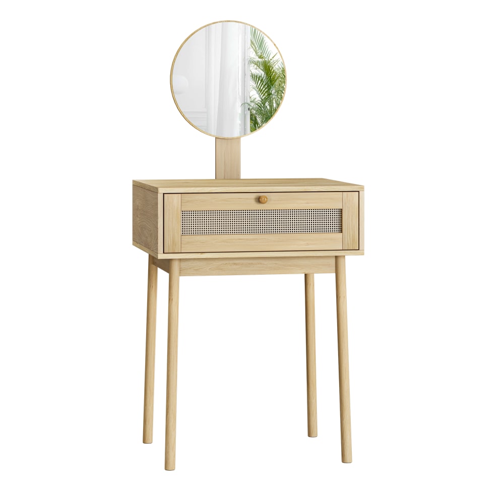 Urban Meuble Kompakter Schminktisch aus Rattan mit Spiegel, Eichenoptik Beige Spanplatte