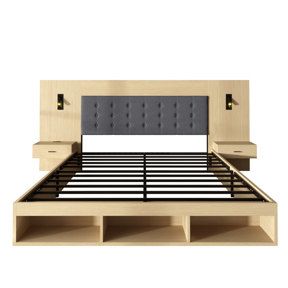 Lit king size effet chêne clair, avec lampes led, usb 180x200 cm Lit king size effet chêne clair, avec lampes led, usb 180x200 cm