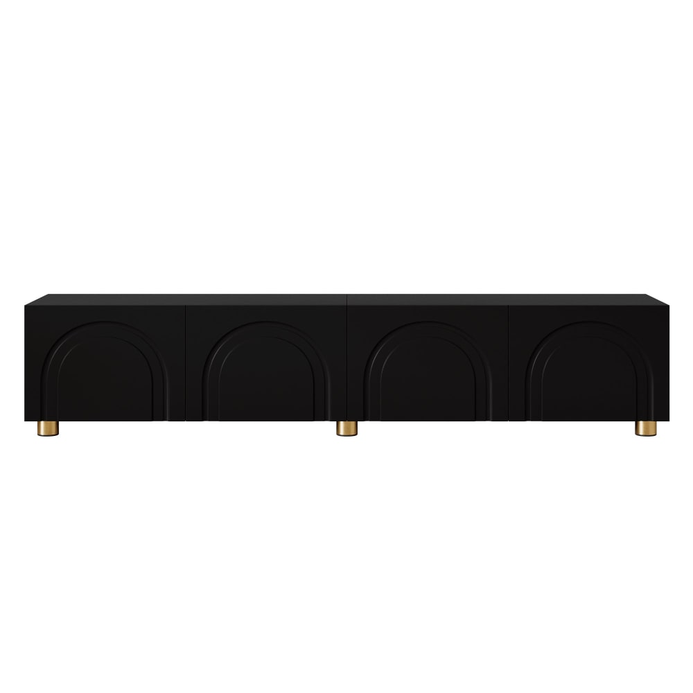 Meuble tv noir 4 portes à relief arqué pieds dorés, style moderne Meuble tv noir 4 portes à relief arqué pieds dorés, style moderne