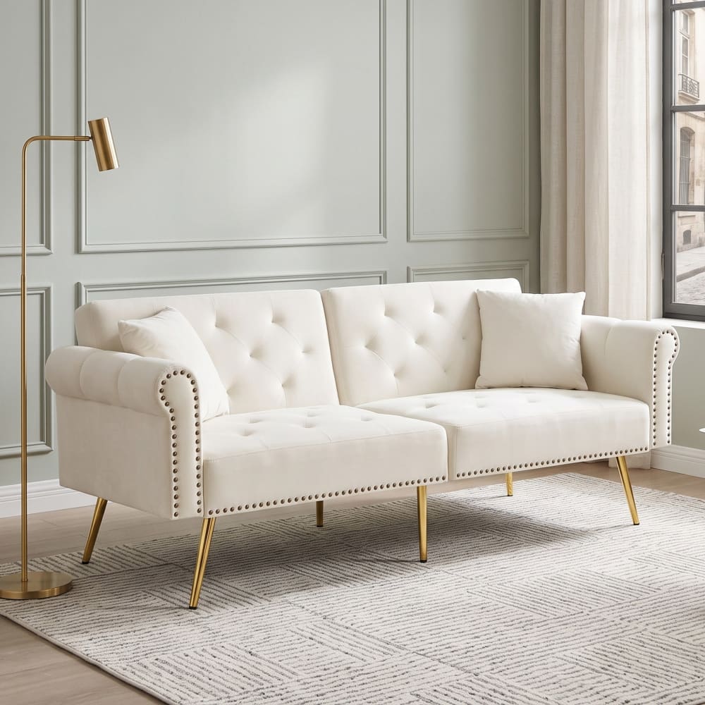 2-Sitzer Schlafsofa mit 3 Positionen aus Samt, Beige - Maisons Du