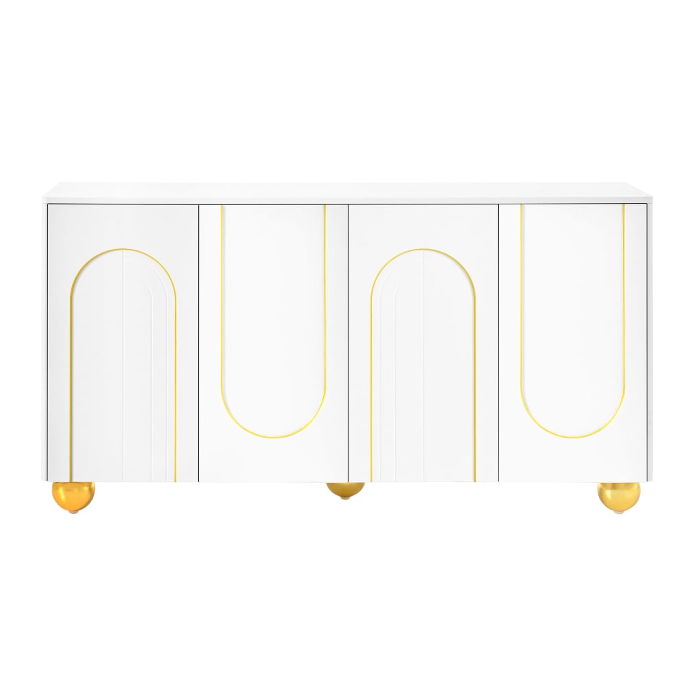 Buffet blanc motifs arche à 4 portes et pieds dorés 140×40×74cm