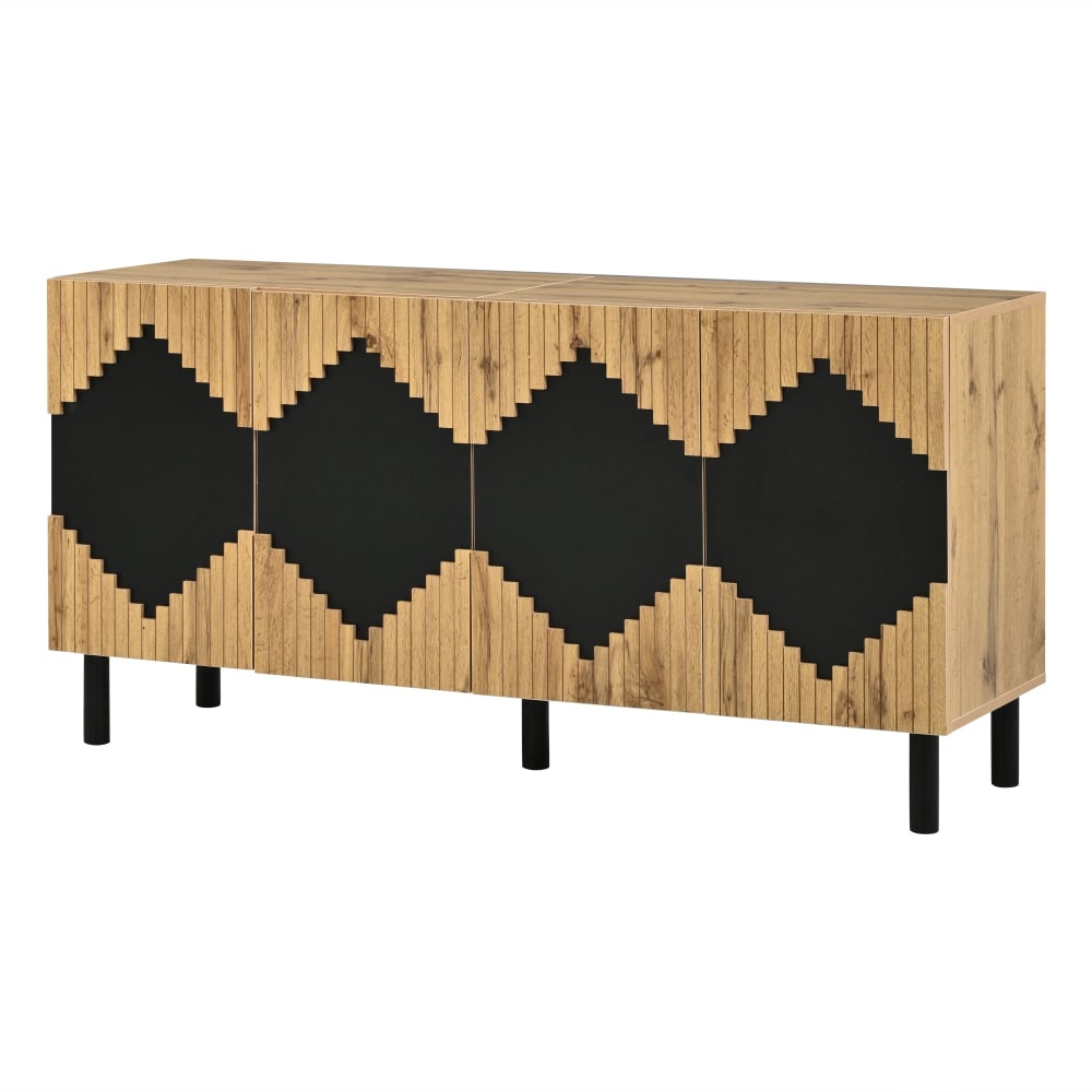 Buffet effet bois et noir motif losange 4 portes 140x40x70cm