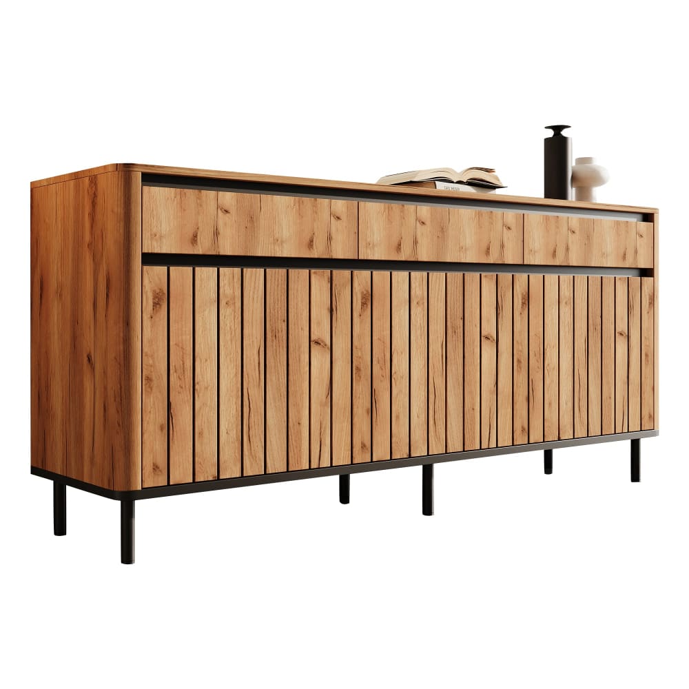 Buffet effet chêne 3 tiroirs et 3 portes cannées 160×40×73cm Buffet effet chêne 3 tiroirs et 3 portes cannées 160×40×73cm