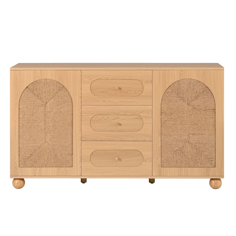 Anrichte mit 2 Rattantüren und 3 Schubladen in Holzoptik,beige -