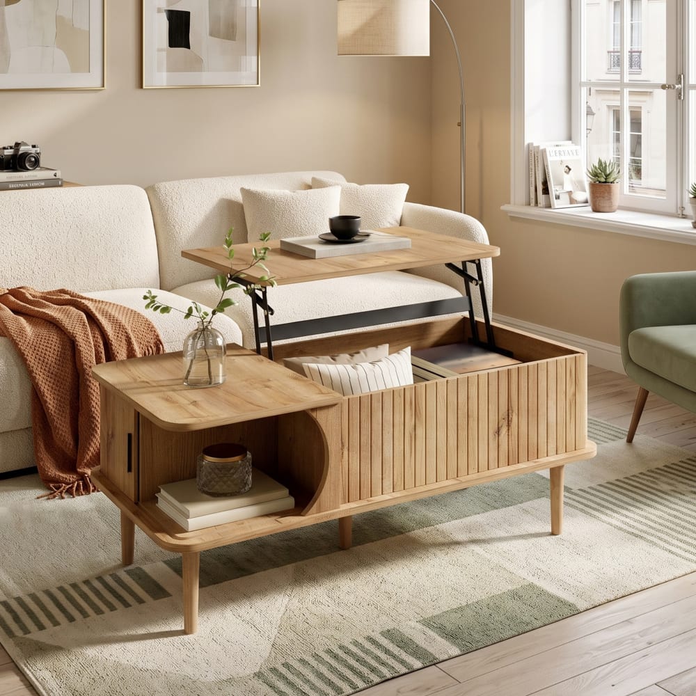 Urban Meuble Höhenverstellbarer Couchtisch mit Schiebetür im Retro-Stil ,braun - Spanplatte
