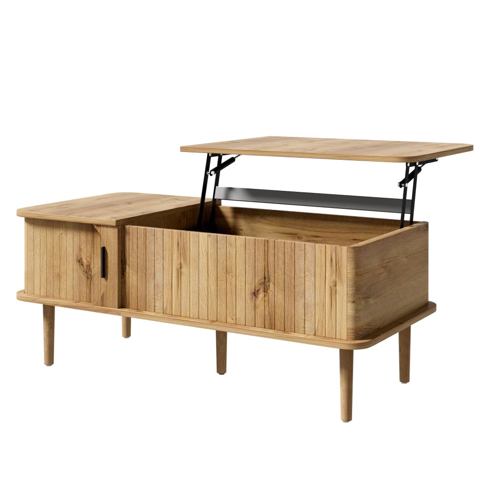 Table basse relevable effet bois, rétro, porte coulissante 100x48cm