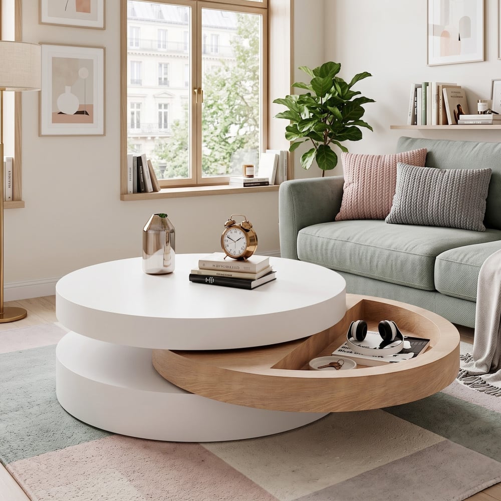 Zylindrischer Couchtisch mit 360° drehbarer Tischplatte, weiß -