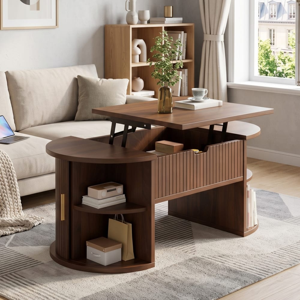Urban Meuble Ovaler höhenverstellbarer Couchtisch mit Schiebetüren, Nussbaum Braun Spanplatte