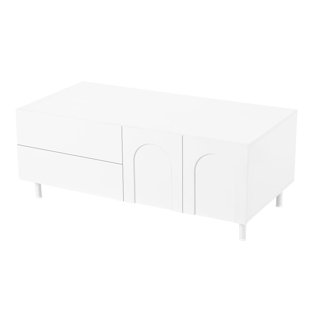 Table basse blanche rectangulaire motif arc 2 tiroirs et 2 portes
