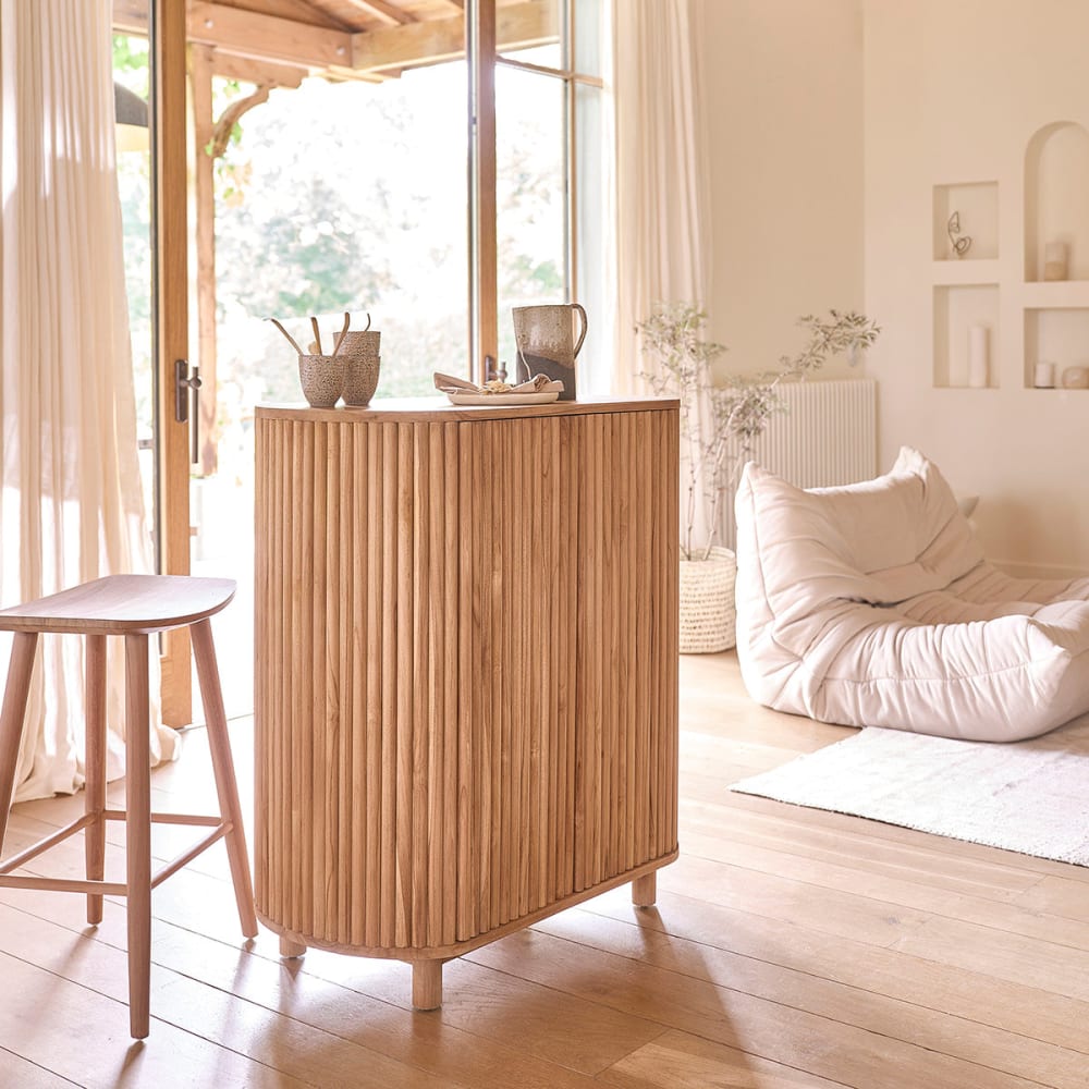 BERAH GETAH Barschrank aus massivem Teakholz 90 cm style modern Beige