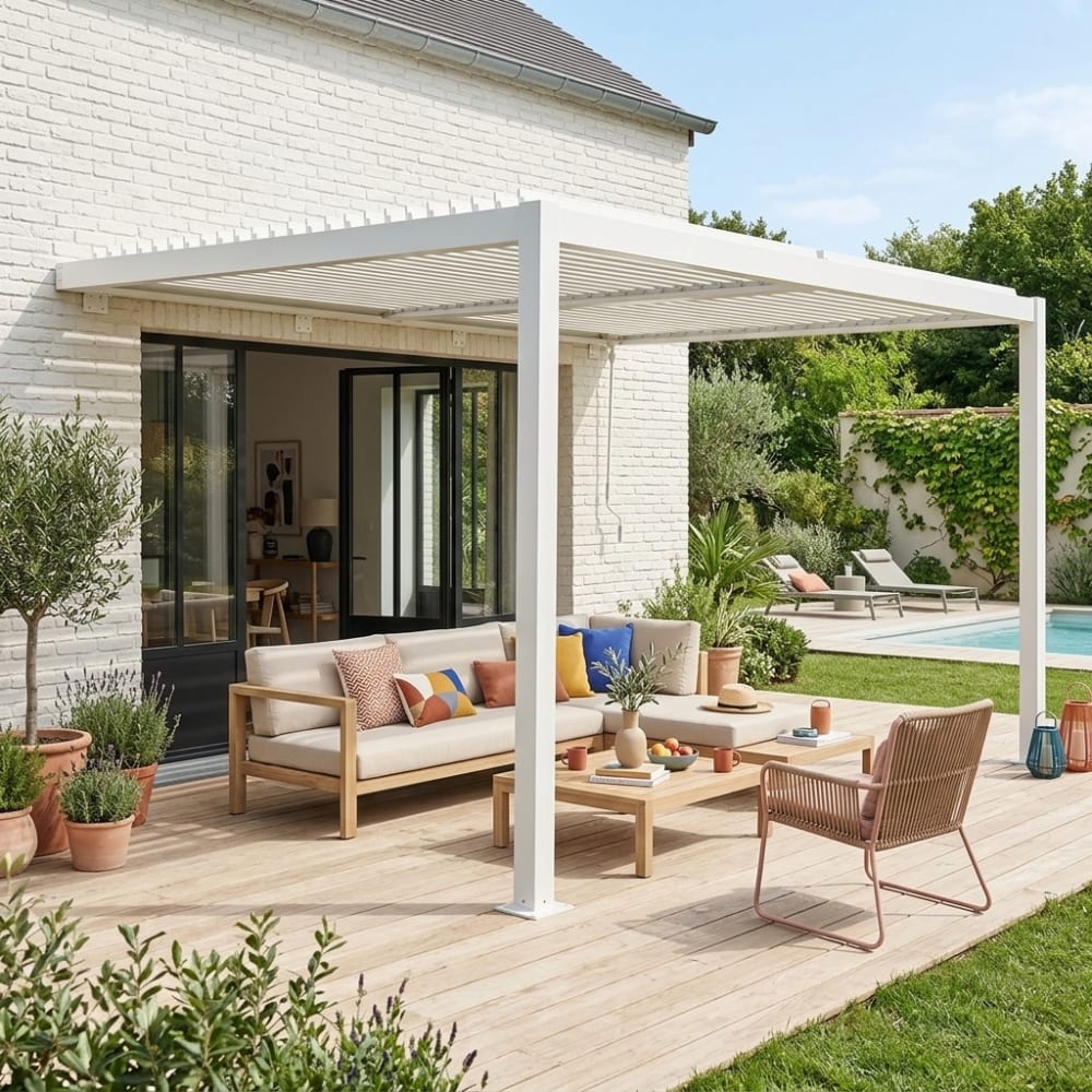 sweeek Wand Pergola Lamellendach Palace 3x4m weiß - Aluminium