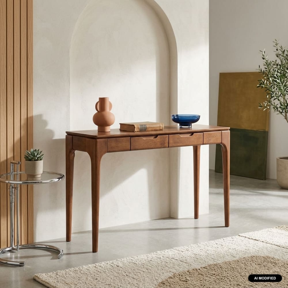 Console bois d'hévéa placage frêne 2 tiroirs noyer
