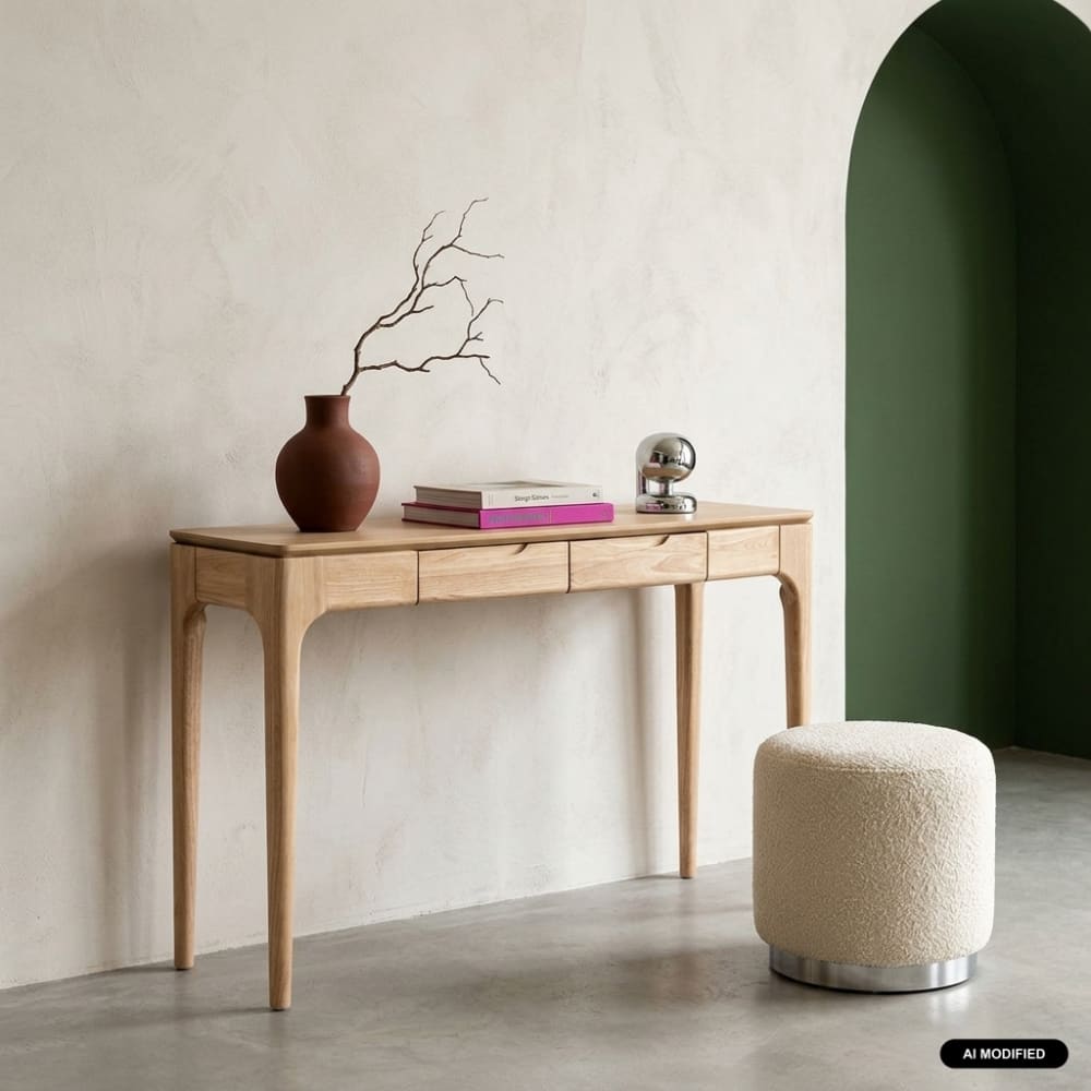 Console bois d'hévéa placage frêne 2 tiroirs naturel