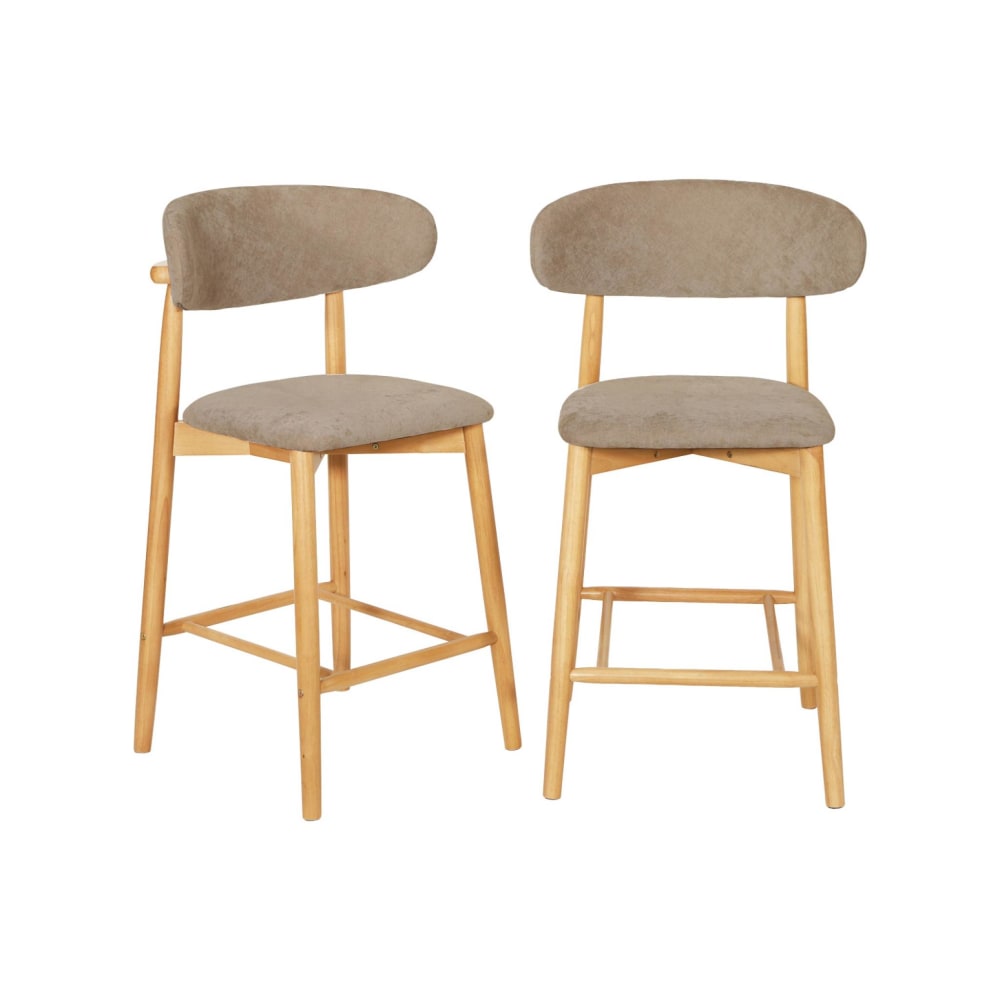 2 Barhocker aus Heveaholz natur mit Bezug taupe - Maisons Du