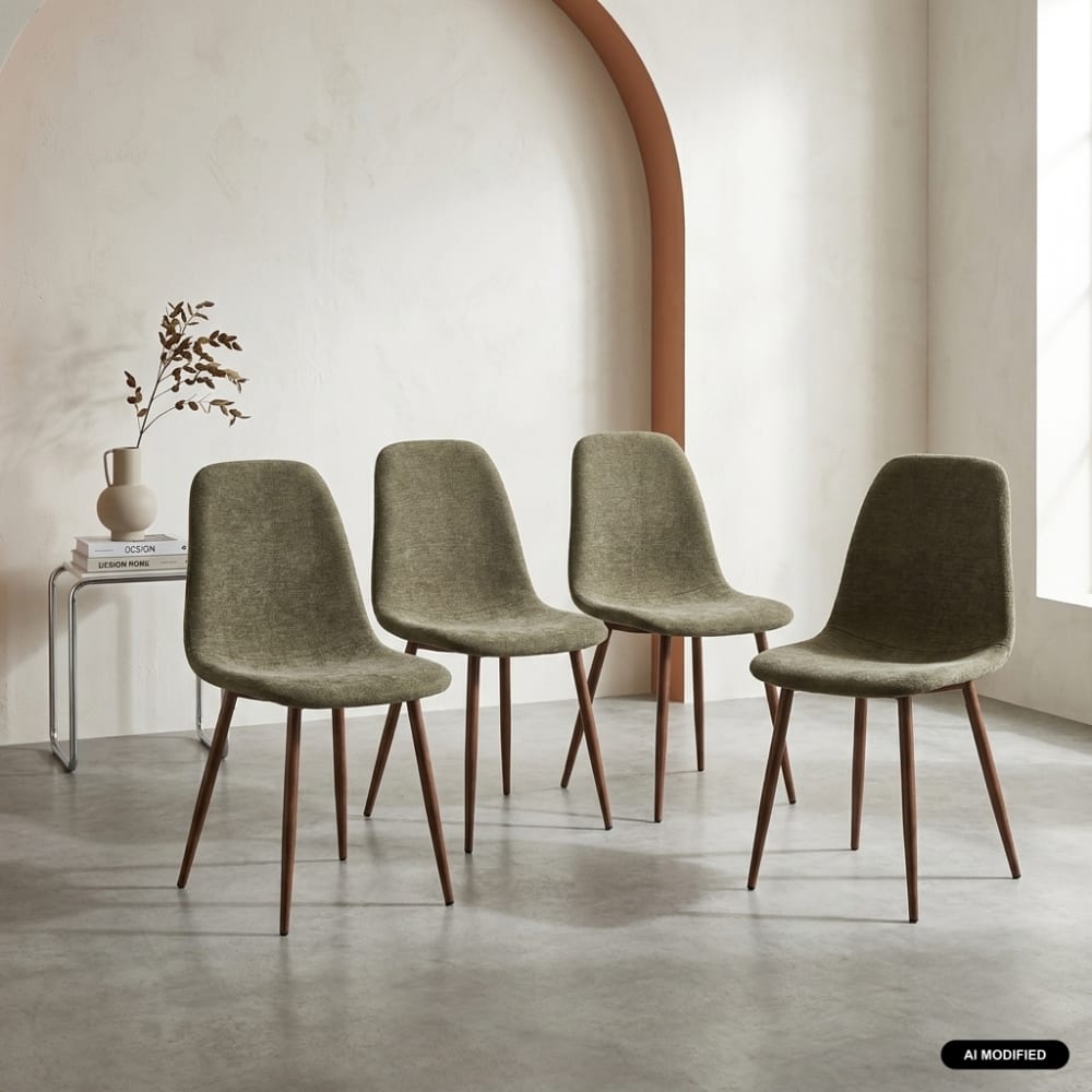 sweeek 4er-Set Stühle Holzdekor nussbaum, Bezug in khaki Grün Stoff
