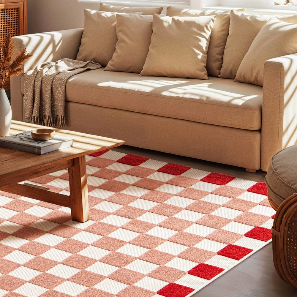 Tapis intérieur/extérieur damier rose et rouge 80x150cm — vue 3