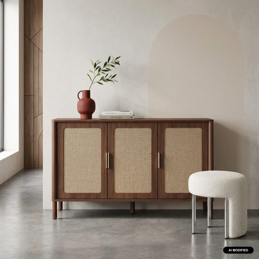 Buffet vintage décor bois et cannage 3 portes 120cm noyer