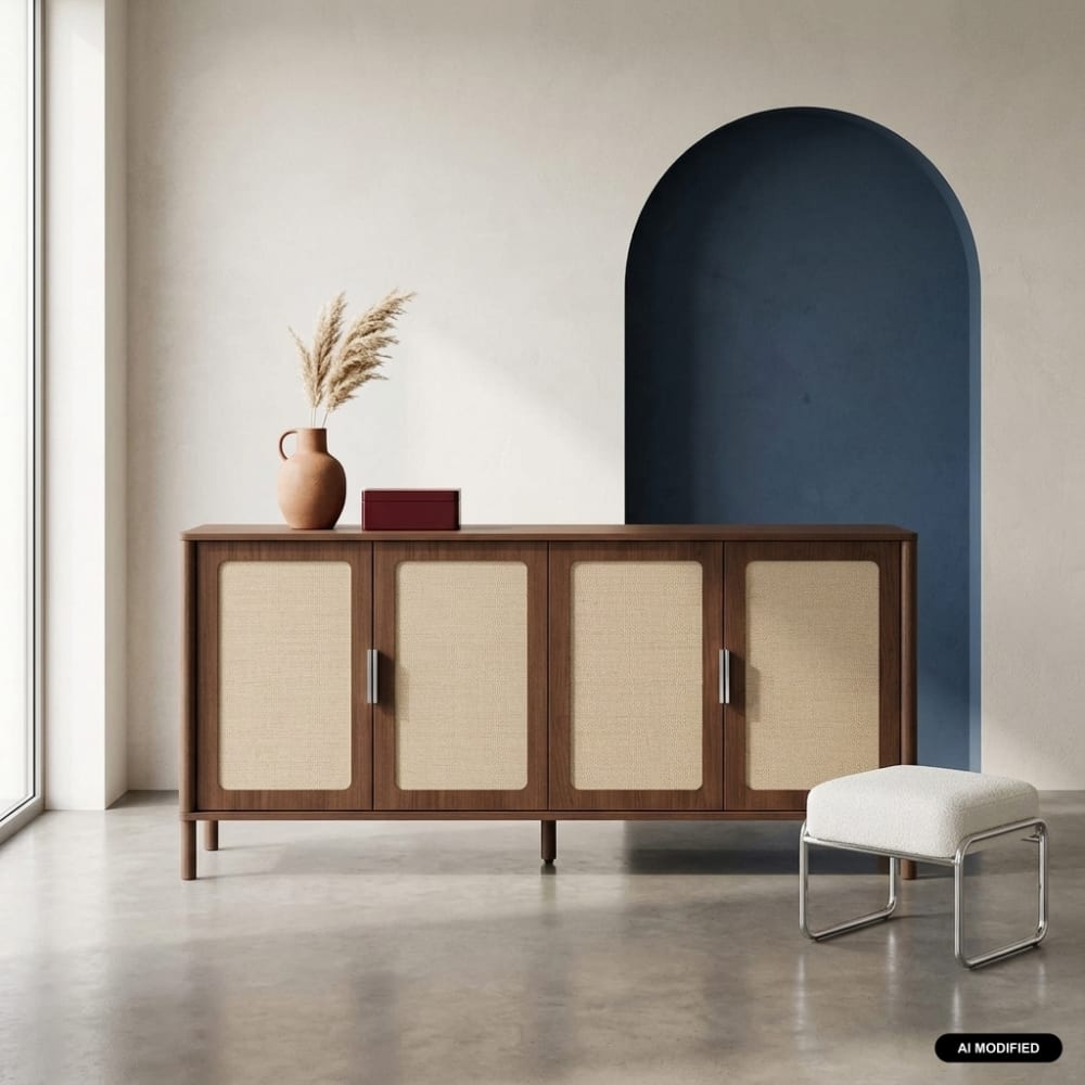 Buffet vintage décor bois et cannage 4 portes 160cm noyer