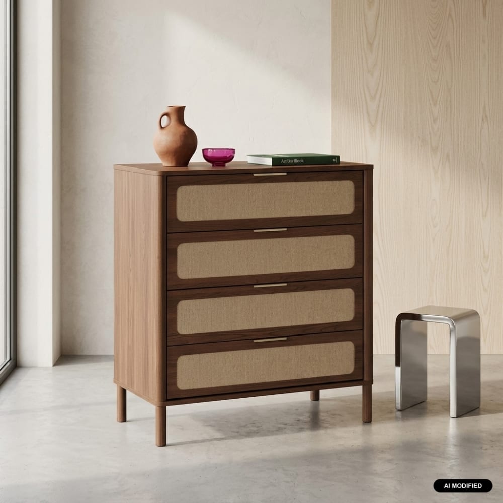 Commode vintage décor bois et cannage 4 tiroirs noyer