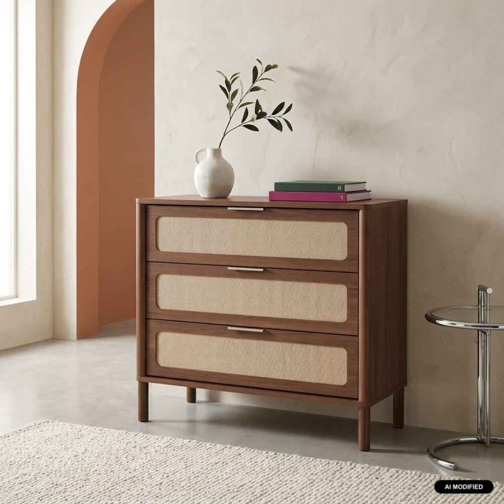 Commode vintage décor bois et cannage 3 tiroirs noyer