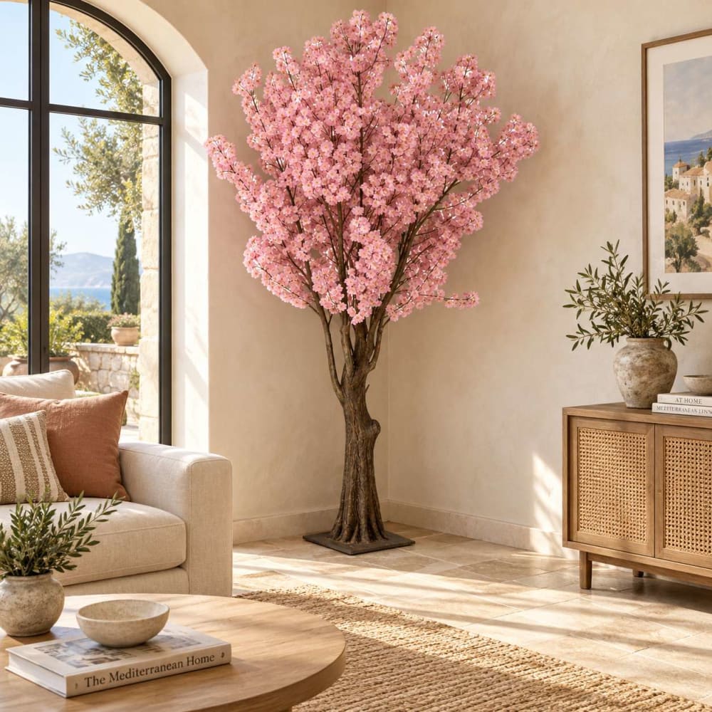 Cerisier artificiel en polyester et ciment rose 100x100x210 cm — vue 3