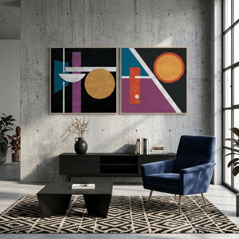 Lot 2 tableaux abstraits en tissu multicolore 83x4x83 cm