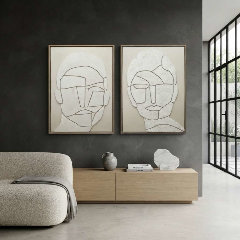Lot 2 tableaux personnage 3d en tissu et plâtre blanc 60x3x80 cm