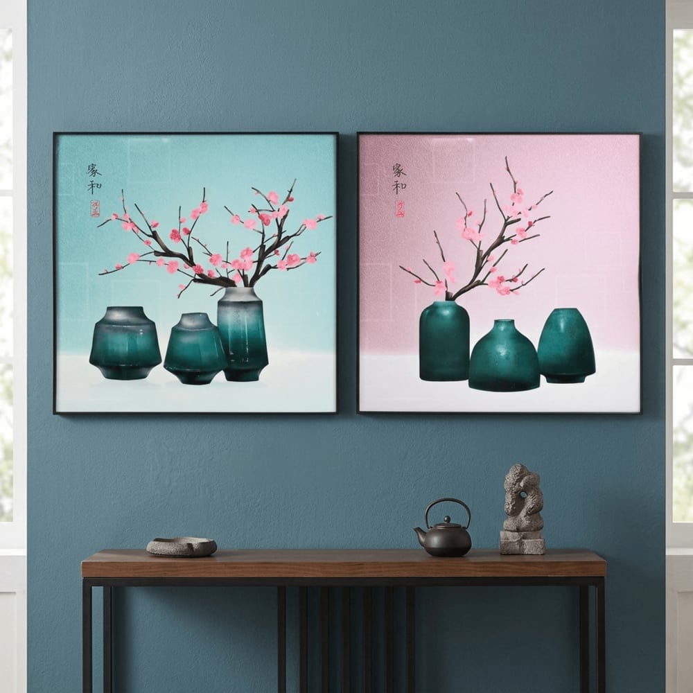 Lot 2 tableaux orientaux en aluminium et mdf rose 80x3x80 cm