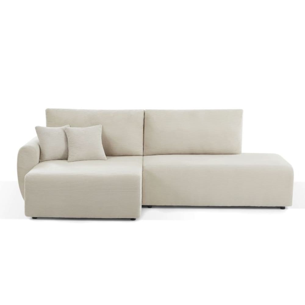 Canapé d'angle gauche ouvert convertible velours côtelé 4 places beige