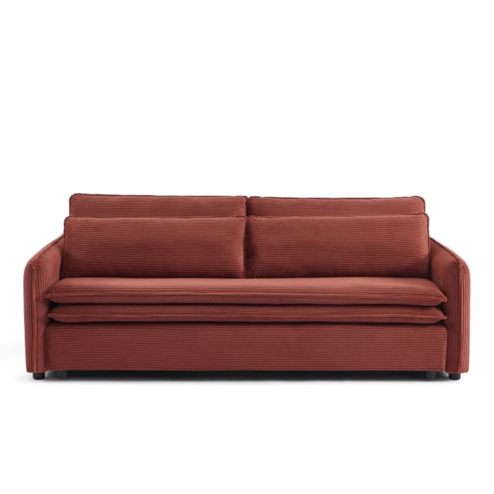 Canapé droit convertible velours côtelé 3 places terracotta
