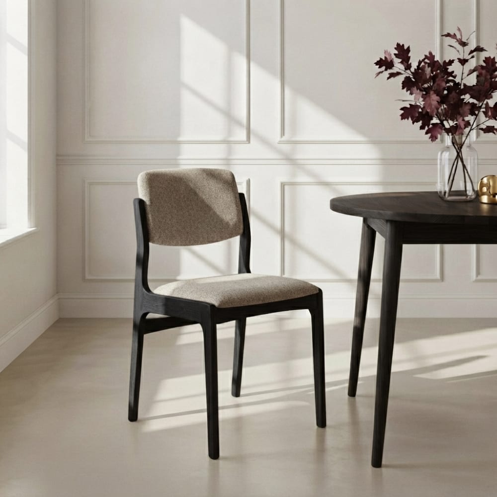 Chaise en chêne massif, finition espresso et tissu beige Chaise en chêne massif, finition espresso et tissu beige