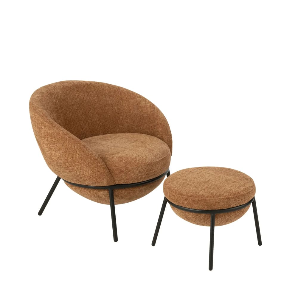 Fauteuil design et repose-pied en tissu orange terracotta
