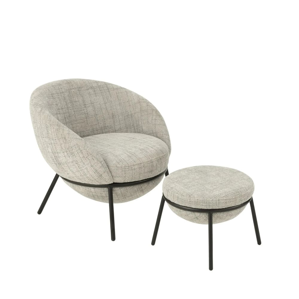 Fauteuil design et repose-pied en tissu gris clair