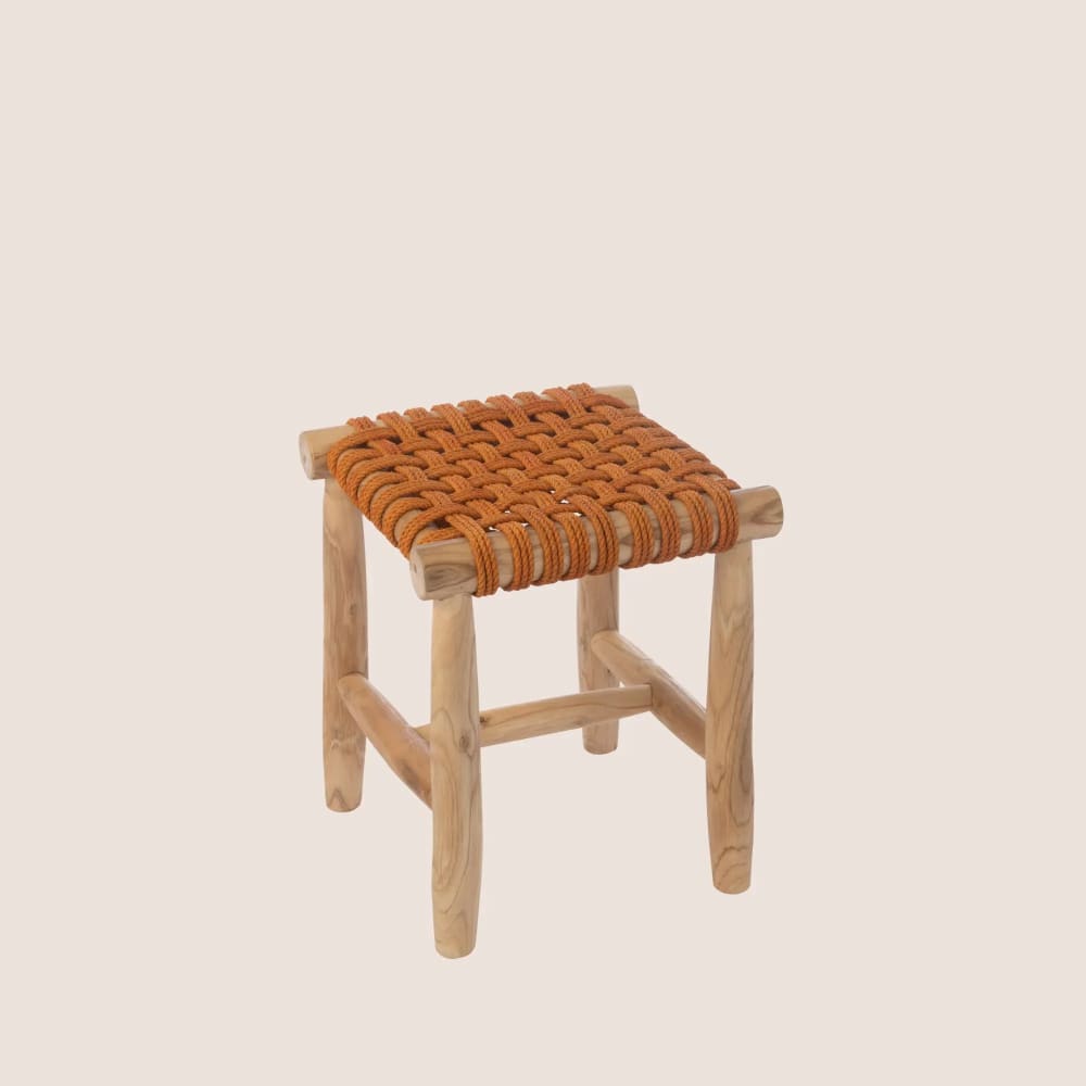 Tabouret en teck et assise tressée orange
