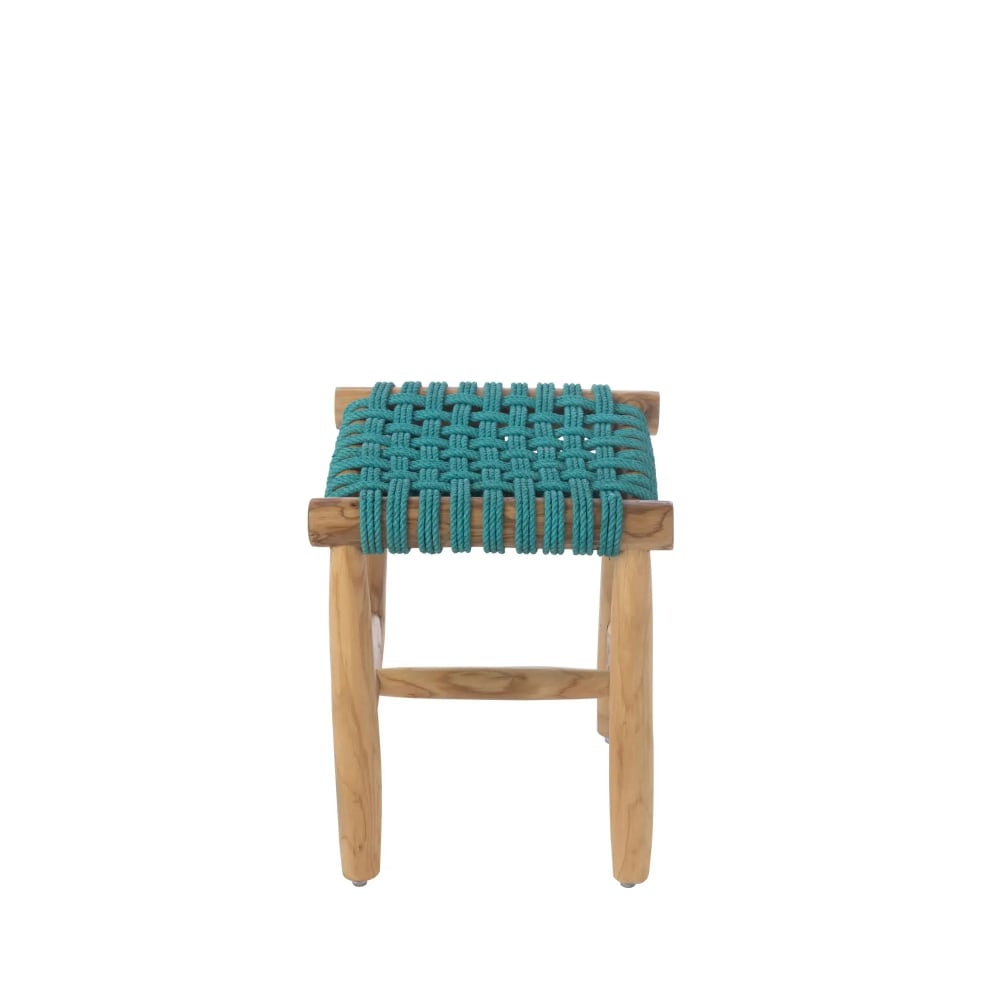 Tabouret en teck et assise tressée bleu turquoise Tabouret en teck et assise tressée bleu turquoise