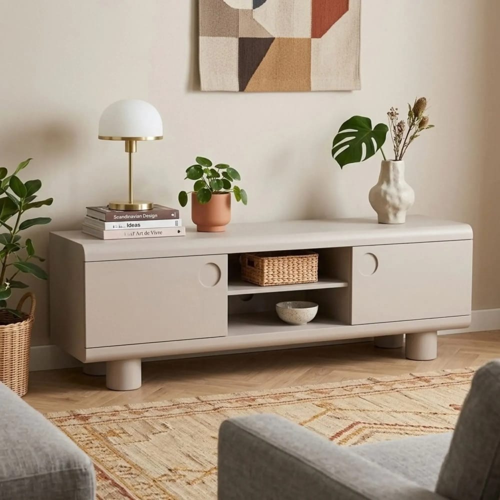 Meuble tv bas design 2 portes 2 niches gris l160 Meuble tv bas design 2 portes 2 niches gris l160