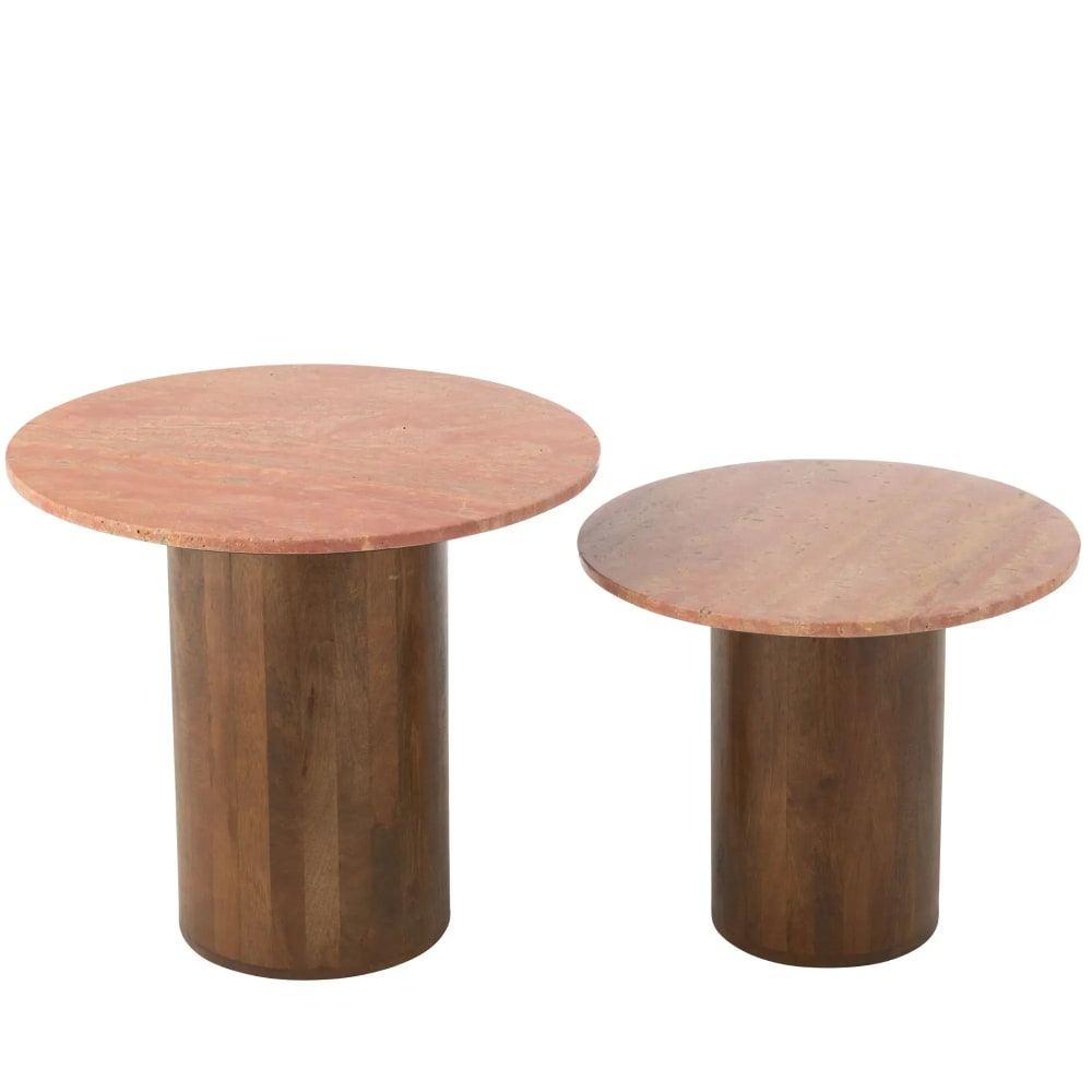 Set de tables basses en marbre terracotta et pied bois d56 Set de tables basses en marbre terracotta et pied bois d56
